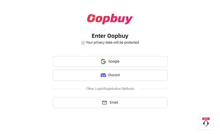 Oopbuy-Anmeldung mit den Optionen Google, Discord und E-Mail